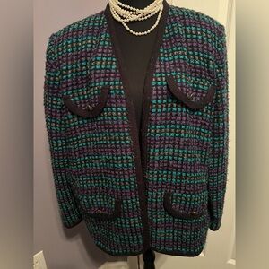 Vintage Koret Teal and Purple Tweed Open-Front Blazer Jacket L/XL